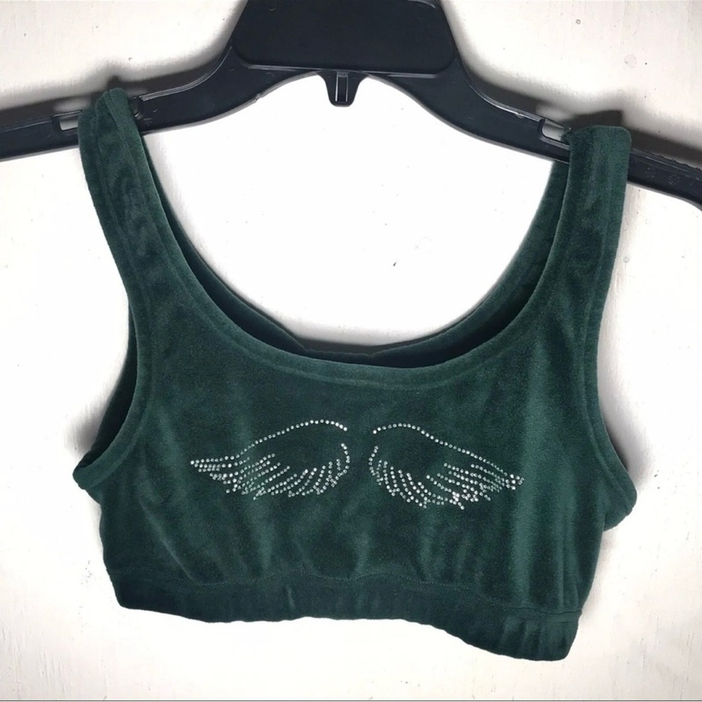 Urban Love Green Velour Rhinestone Studded Angel Wings Bralette Y2K Sporty Small